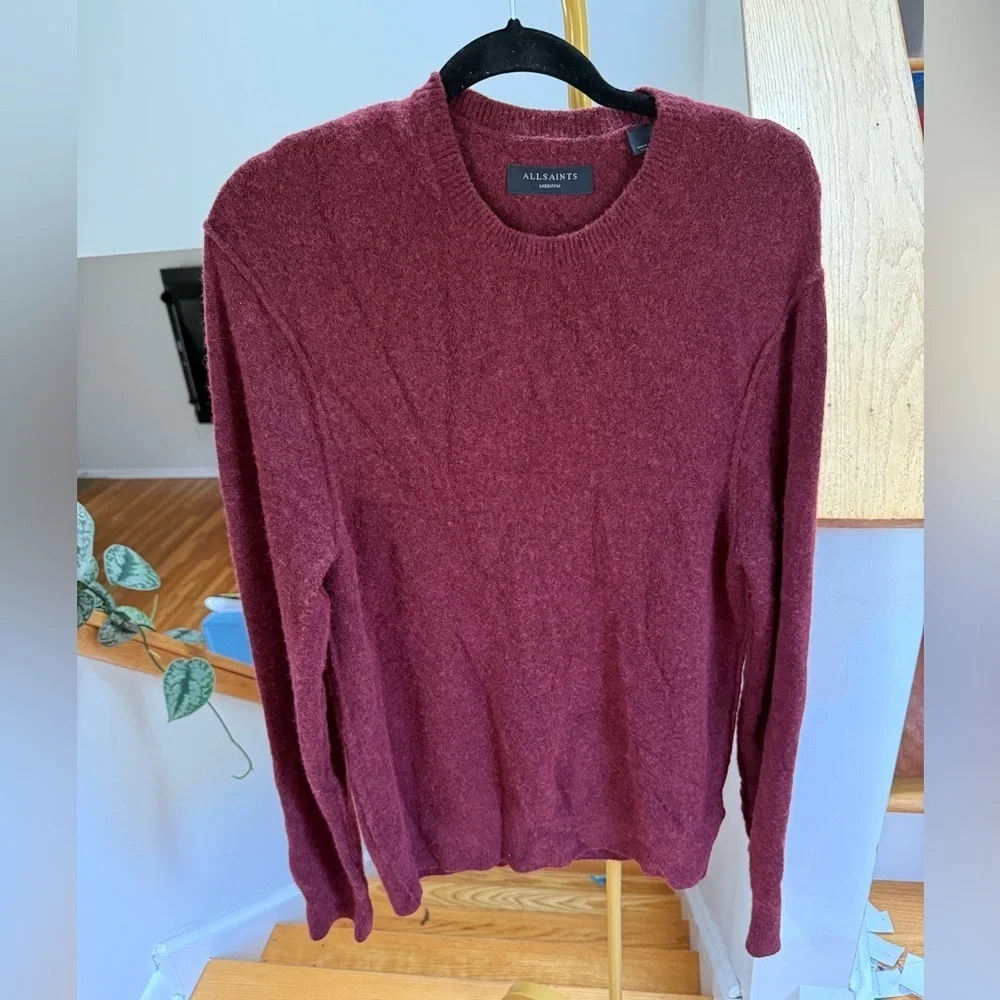 All Saints Men’s Patern Wool Crewneck Sweater in Tinted Red Size Medium